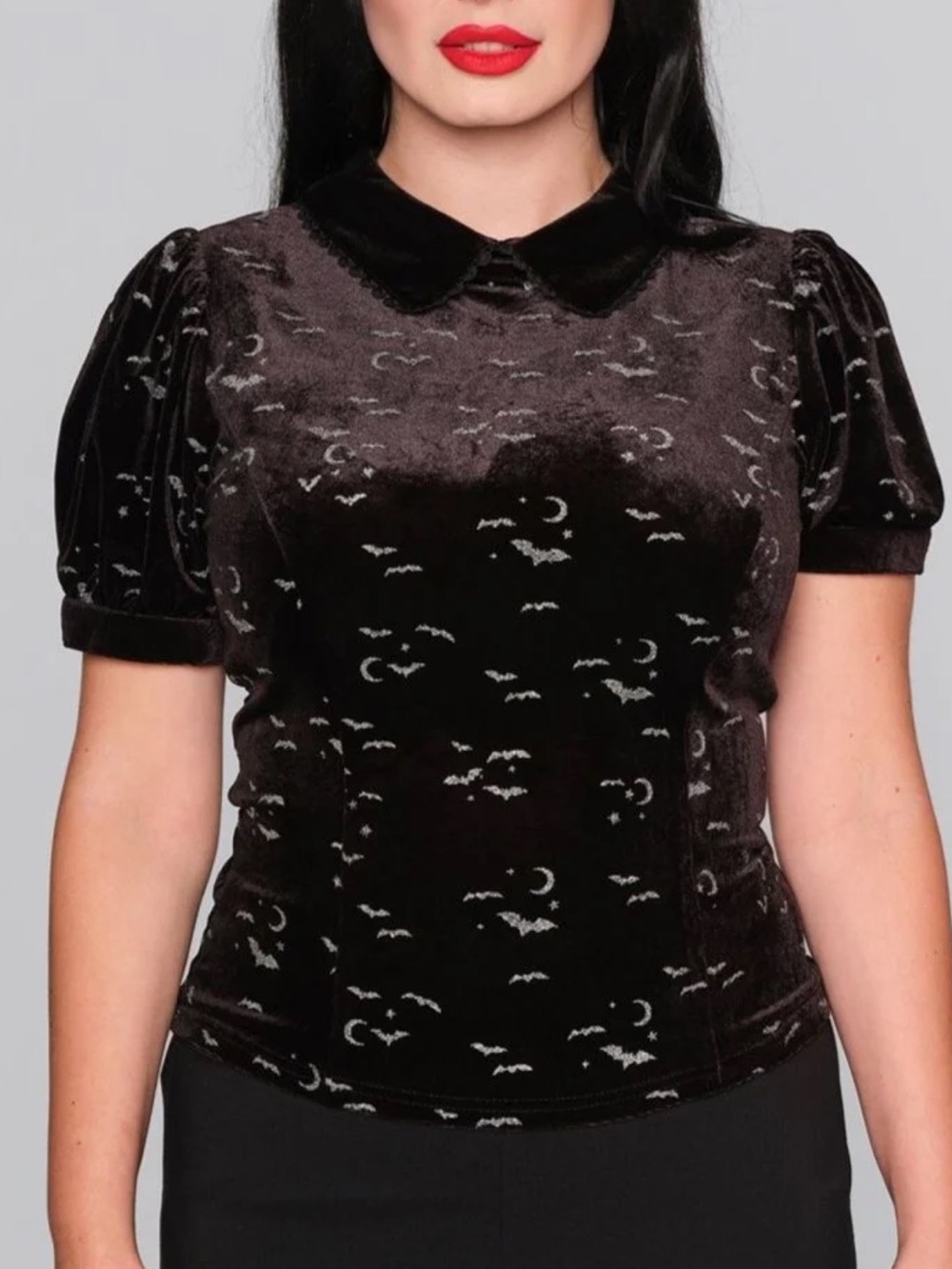 Collectif London Peta Bats Velvet Glitter Print Top, Black, NWT
